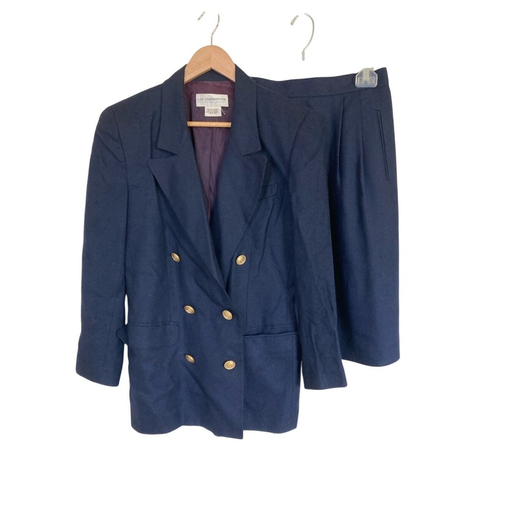 Vtg Liz Claiborne Navy Double Breasted Blazer Skirt Suit Gold Buttons Size 10P